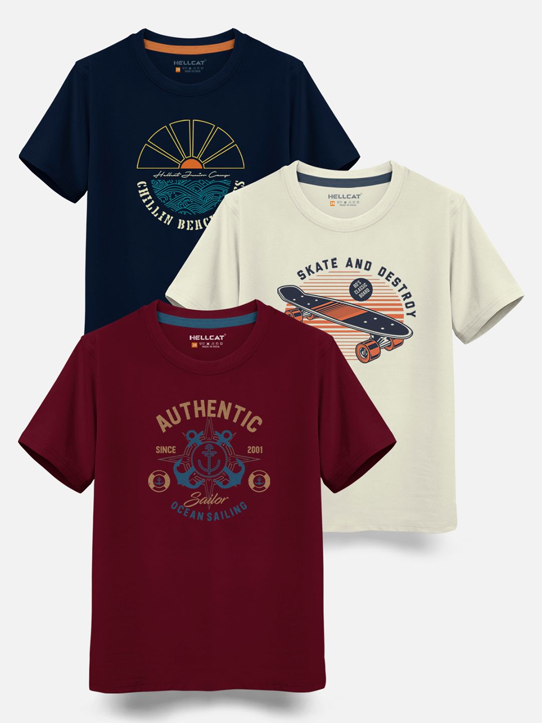 HELLCAT Boys Pack Of 3 Printed Cotton T-shirt-picture-22