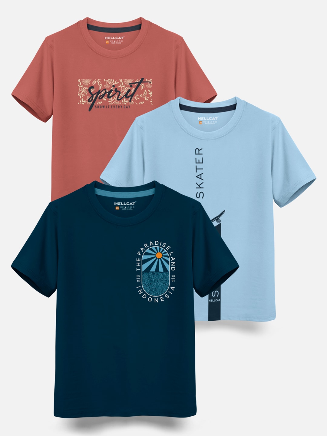 HELLCAT Boys Pack Of 3 Printed Cotton T-shirt