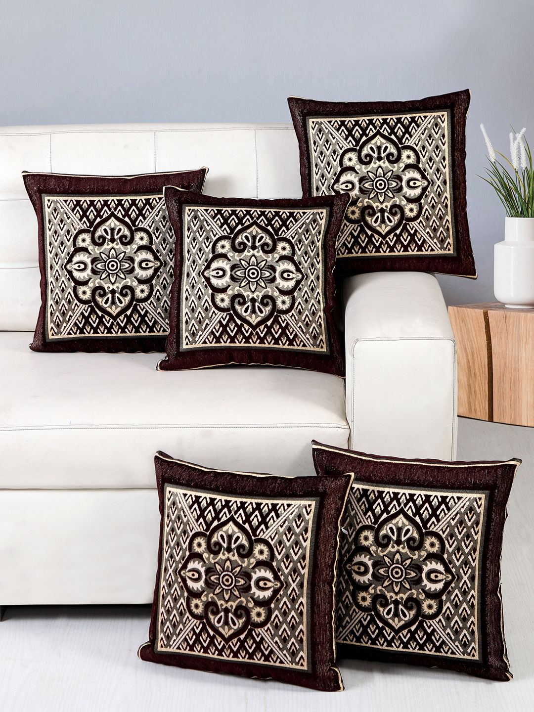 Nendle Camel Brown & Beige 5 Pcs Floral Square Cushion Covers-picture-34
