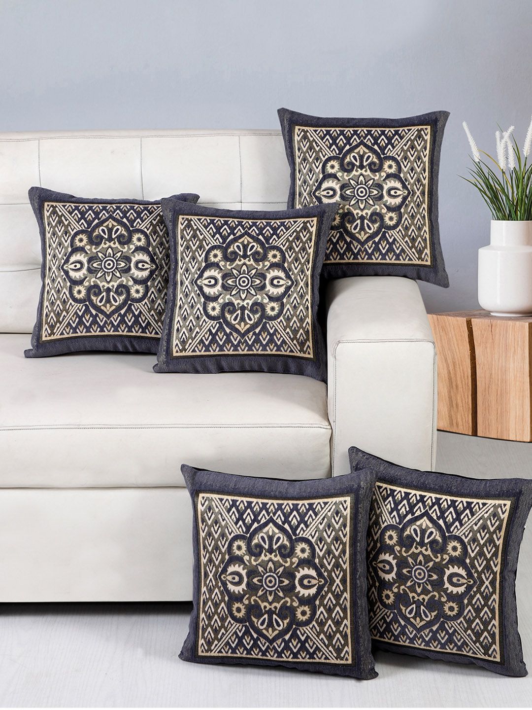 Nendle Grey & Beige 5 Pcs Floral Square Cushion Covers-picture-22