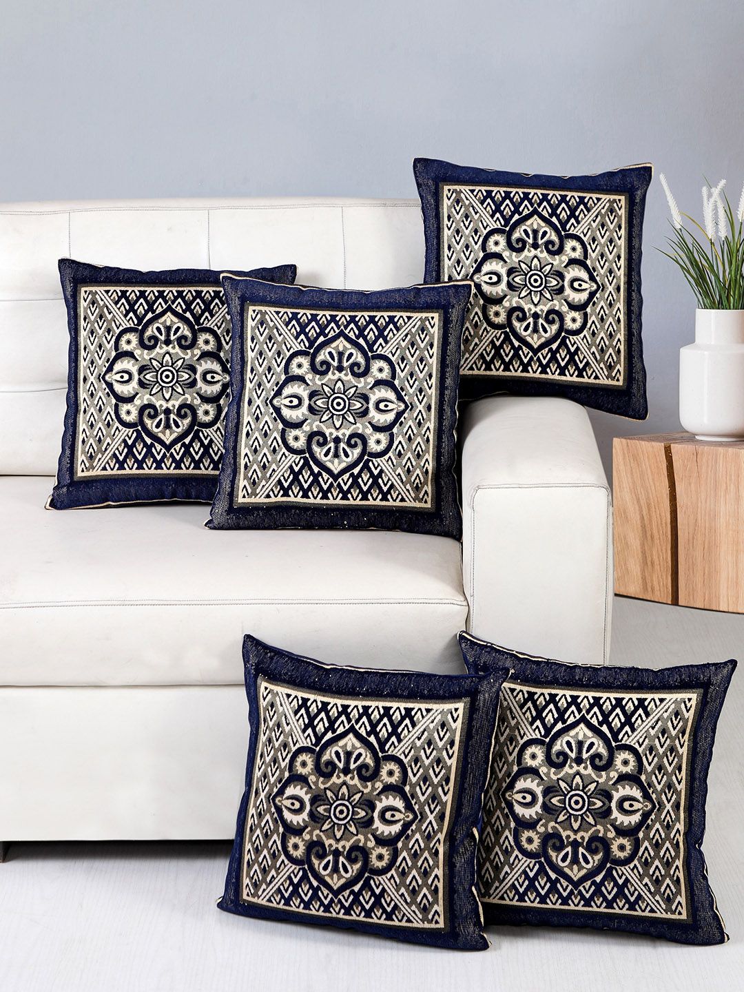 Nendle Navy Blue & Beige 5 Pcs Floral Square Cushion Covers-picture-29