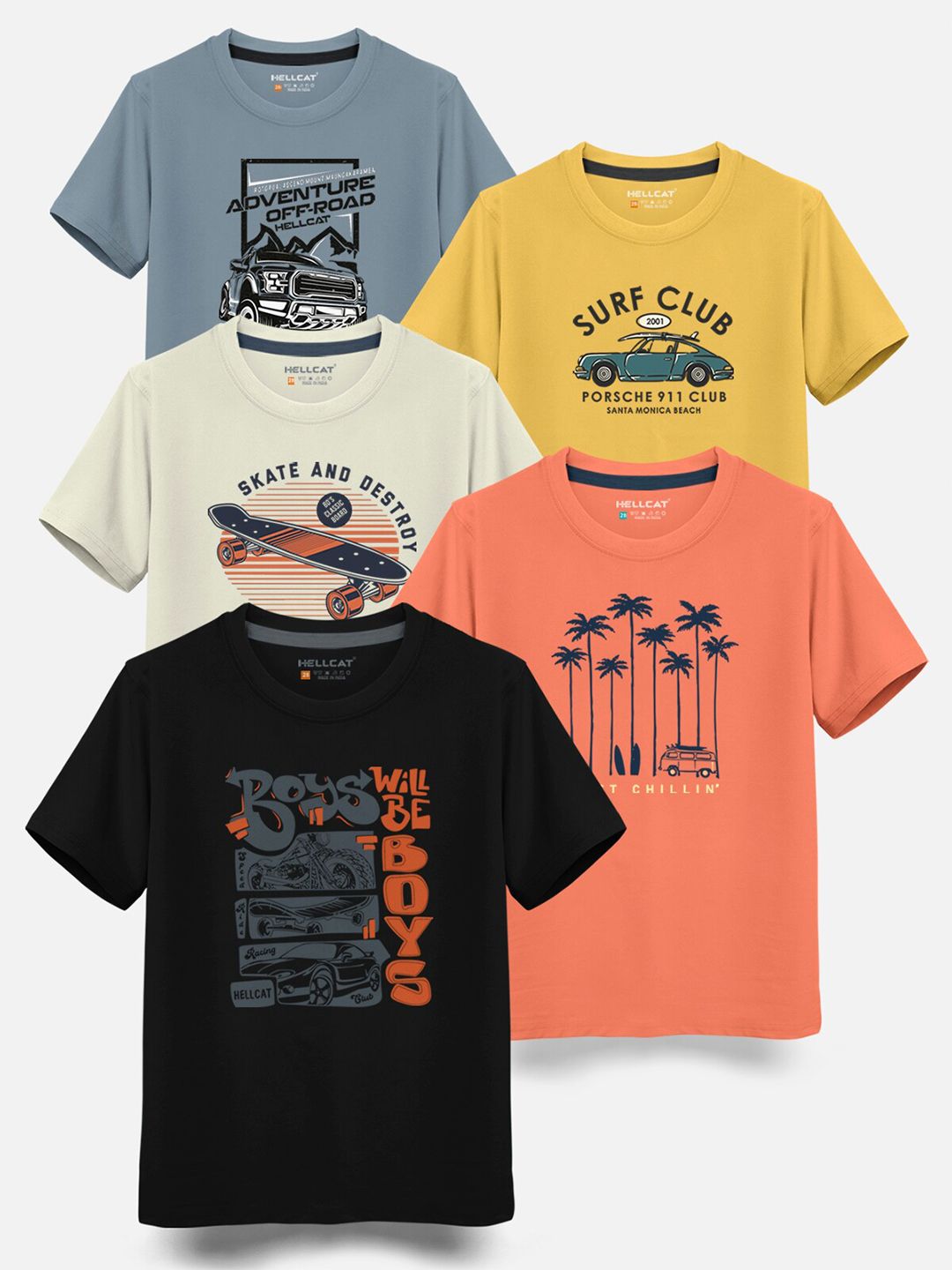 HELLCAT Boys Pack Of 5 Typography Printed Cotton T-shirt-picture-37