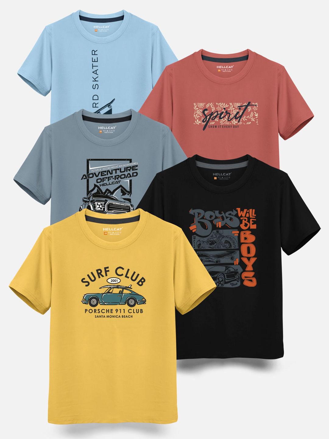 HELLCAT Boys Pack Of 5 Typography Printed Cotton T-shirt-picture-36