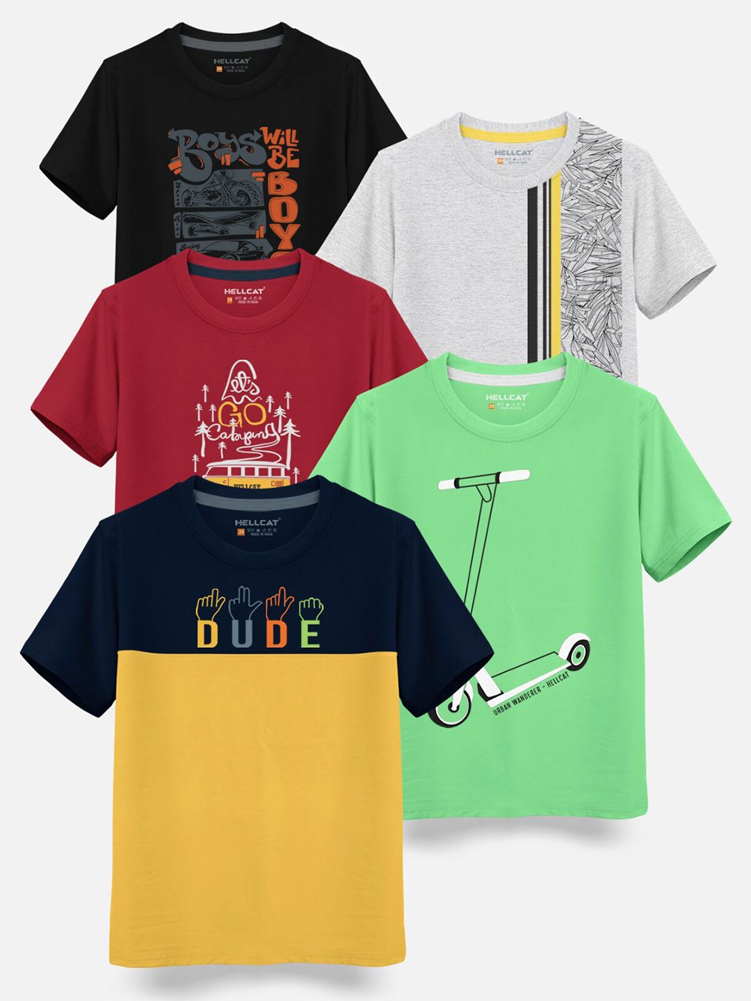 HELLCAT Boys Pack Of 5 Graphic Printed Cotton T-shirt-picture-52