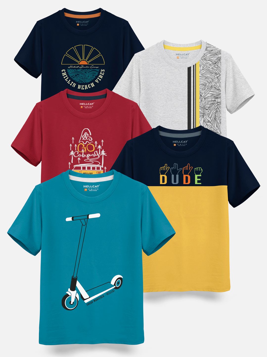 HELLCAT Boys Pack Of 5 Graphic Printed Cotton T-shirt-picture-25