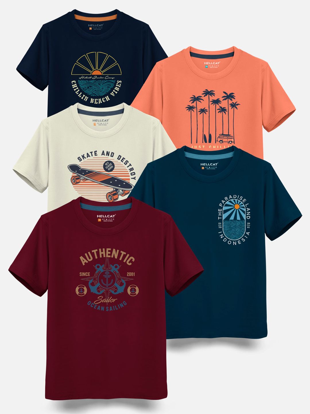 HELLCAT Boys Pack Of 5 Round Neck Typography Printed Cotton T-shirt-picture-39