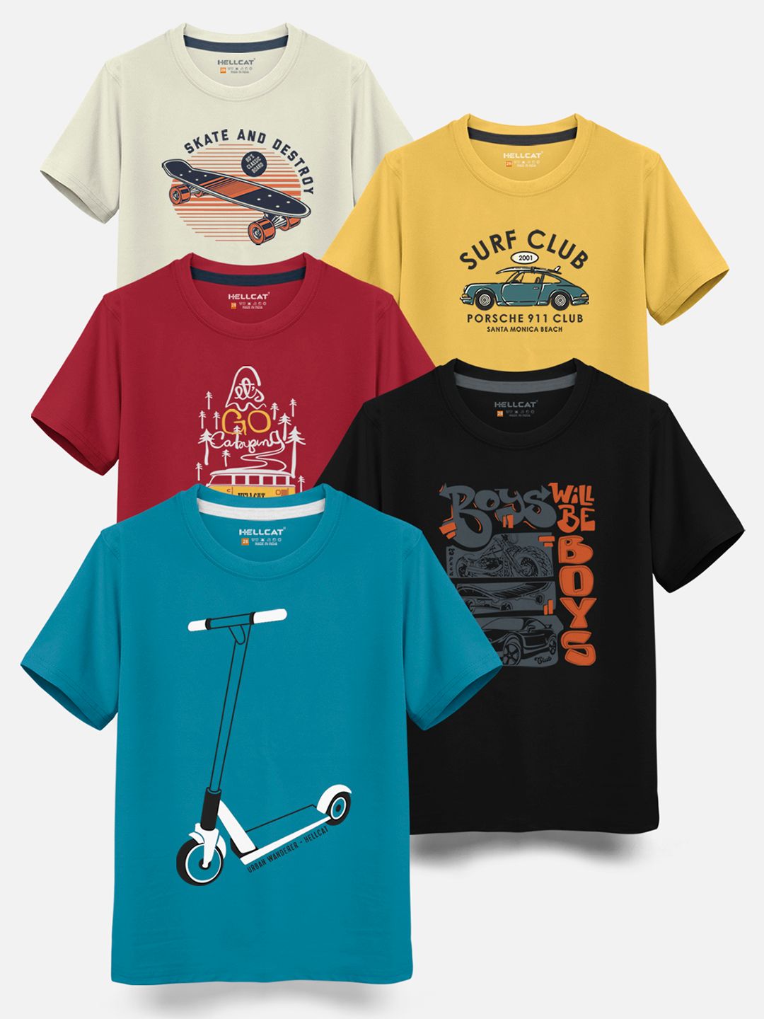 HELLCAT Boys Pack Of 5 Graphic Printed Cotton T-shirt-picture-30