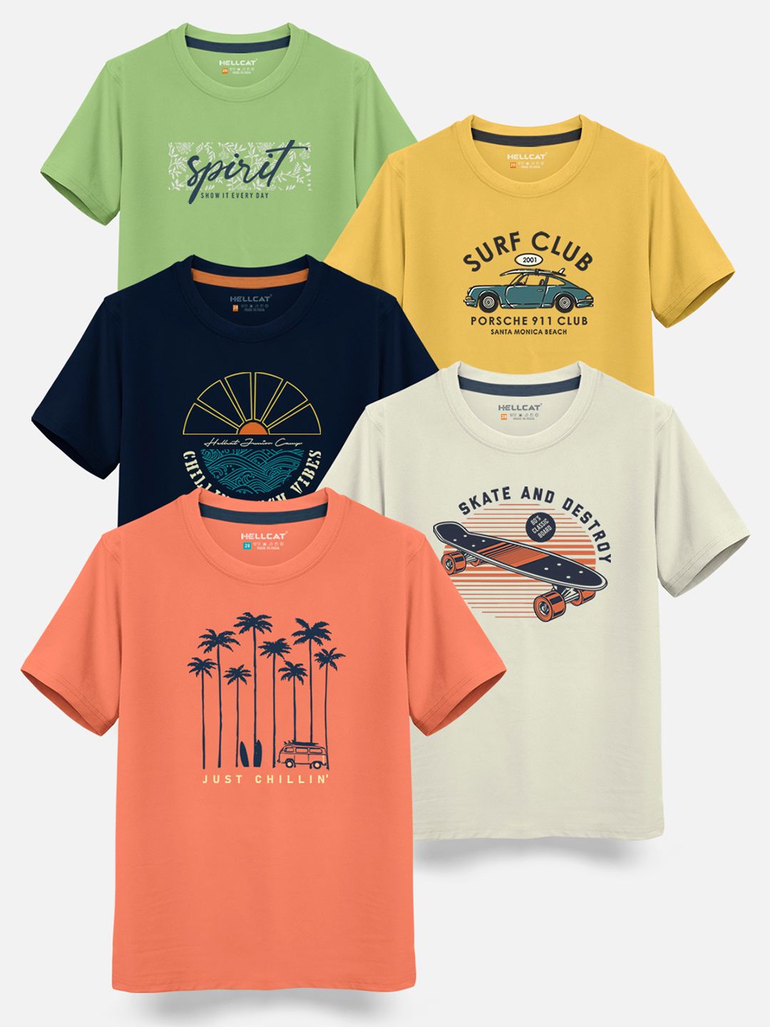 HELLCAT Boys Pack Of 5 Graphic Printed Cotton T-shirt-picture-47