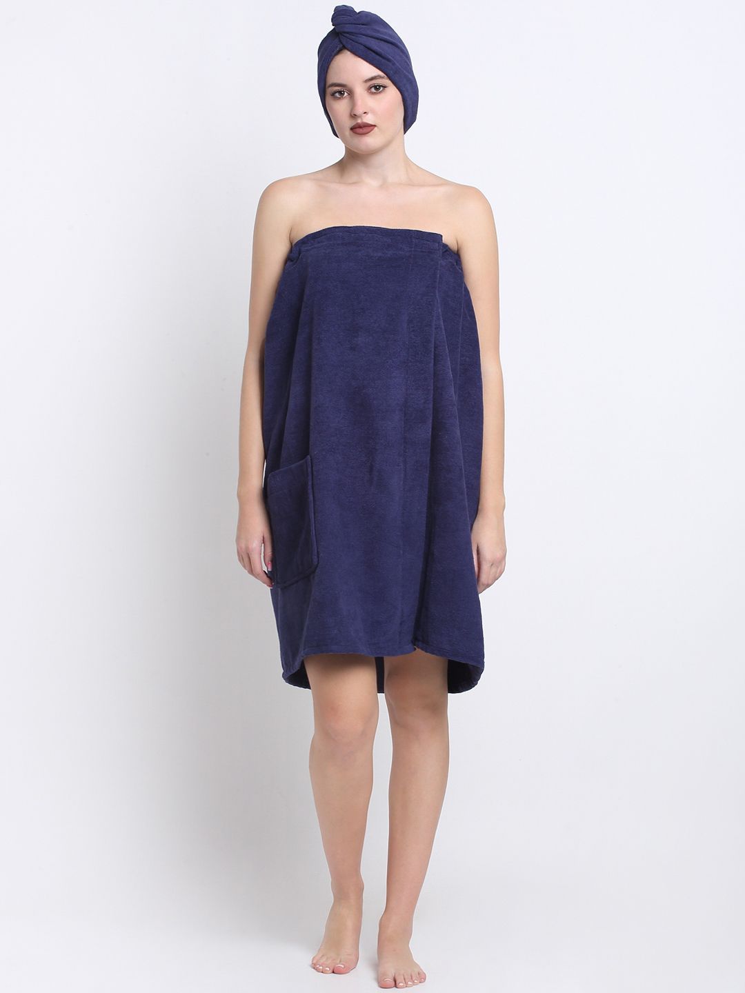 Creeva Luxury Navy Blue Pure Cotton 380 GSM Anti Bacterial Bath Wrap Robe-image-31