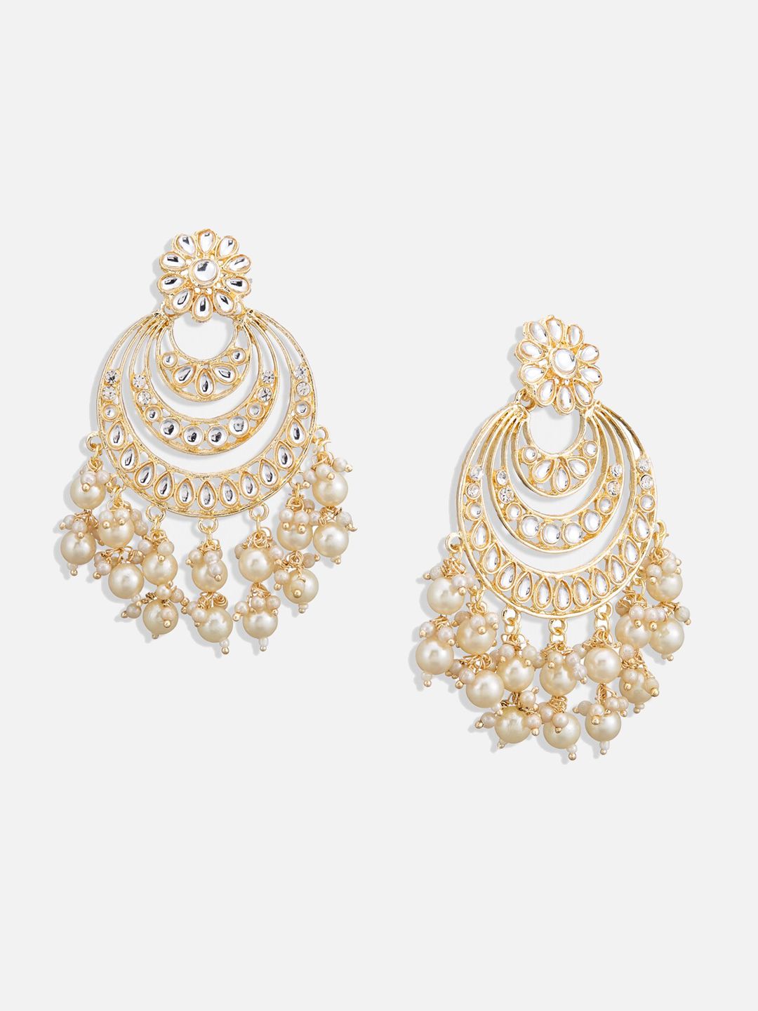 ATIBELLE Gold-Plated Stone-Studded & Beaded Contemporary Chandbalis Earrings