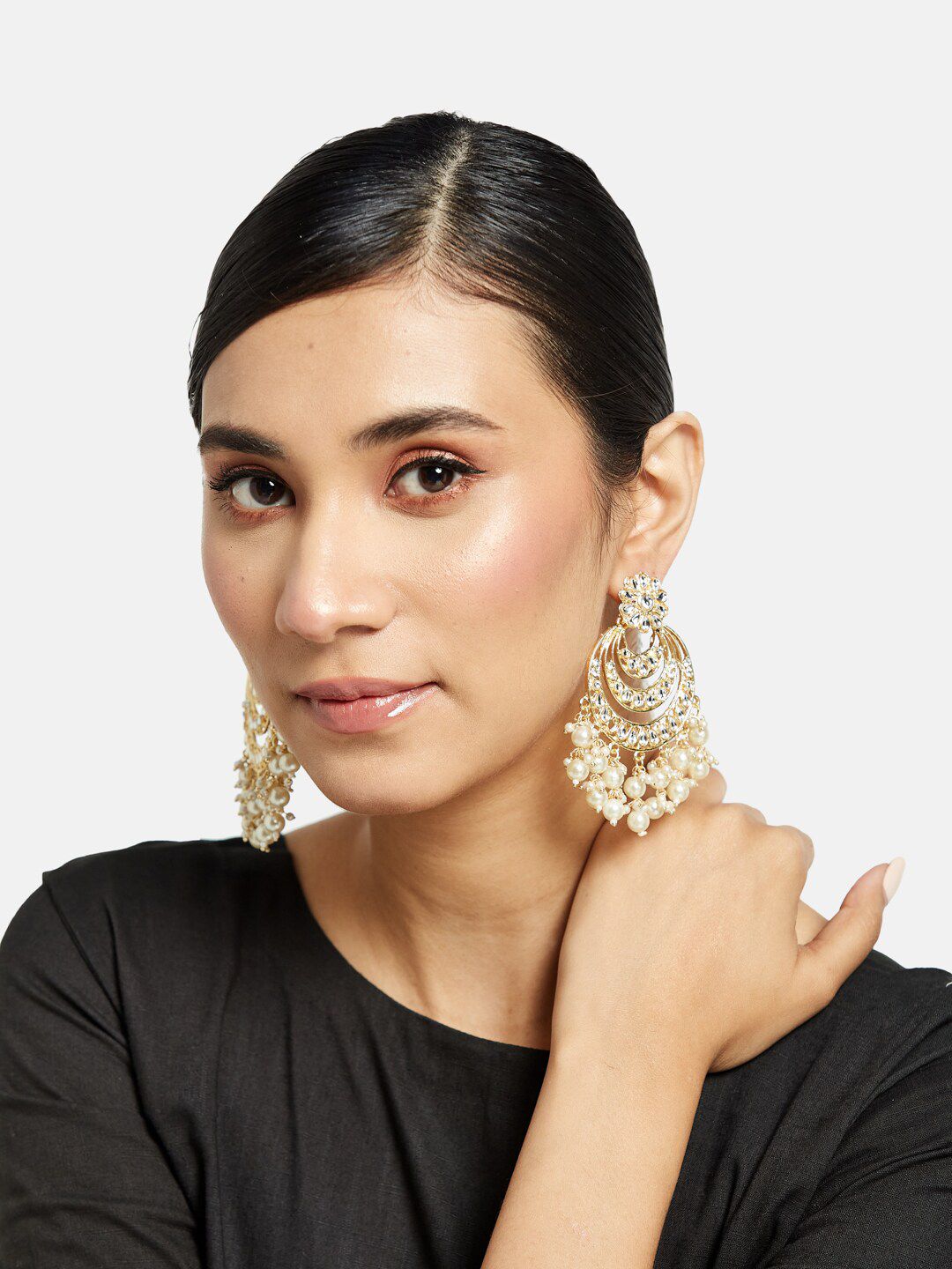 ATIBELLE Gold-Plated Stone-Studded & Beaded Contemporary Chandbalis Earrings