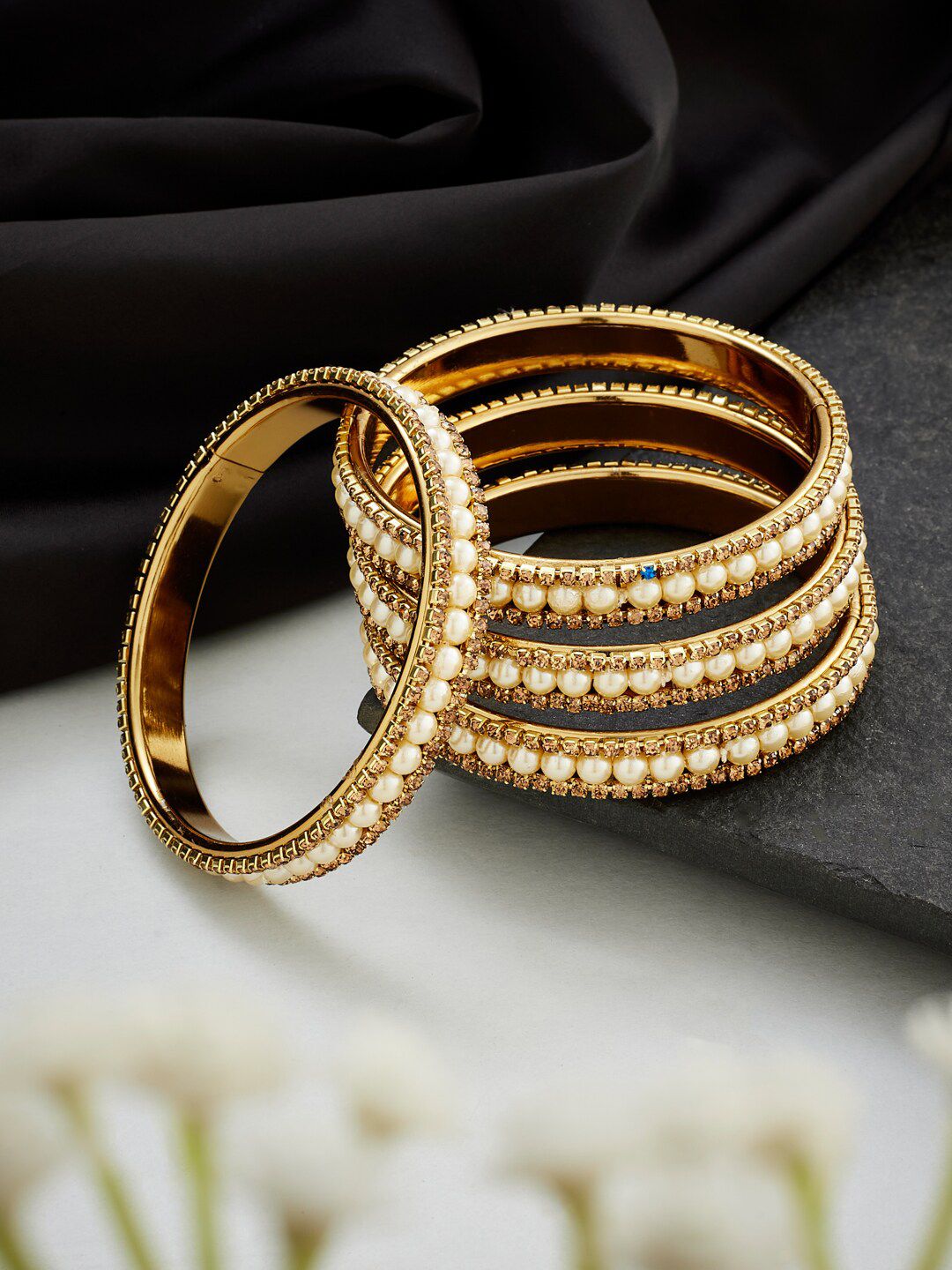 ATIBELLE Set Of 4 Gold-Plated Stone-Studded & Beaded Bangles