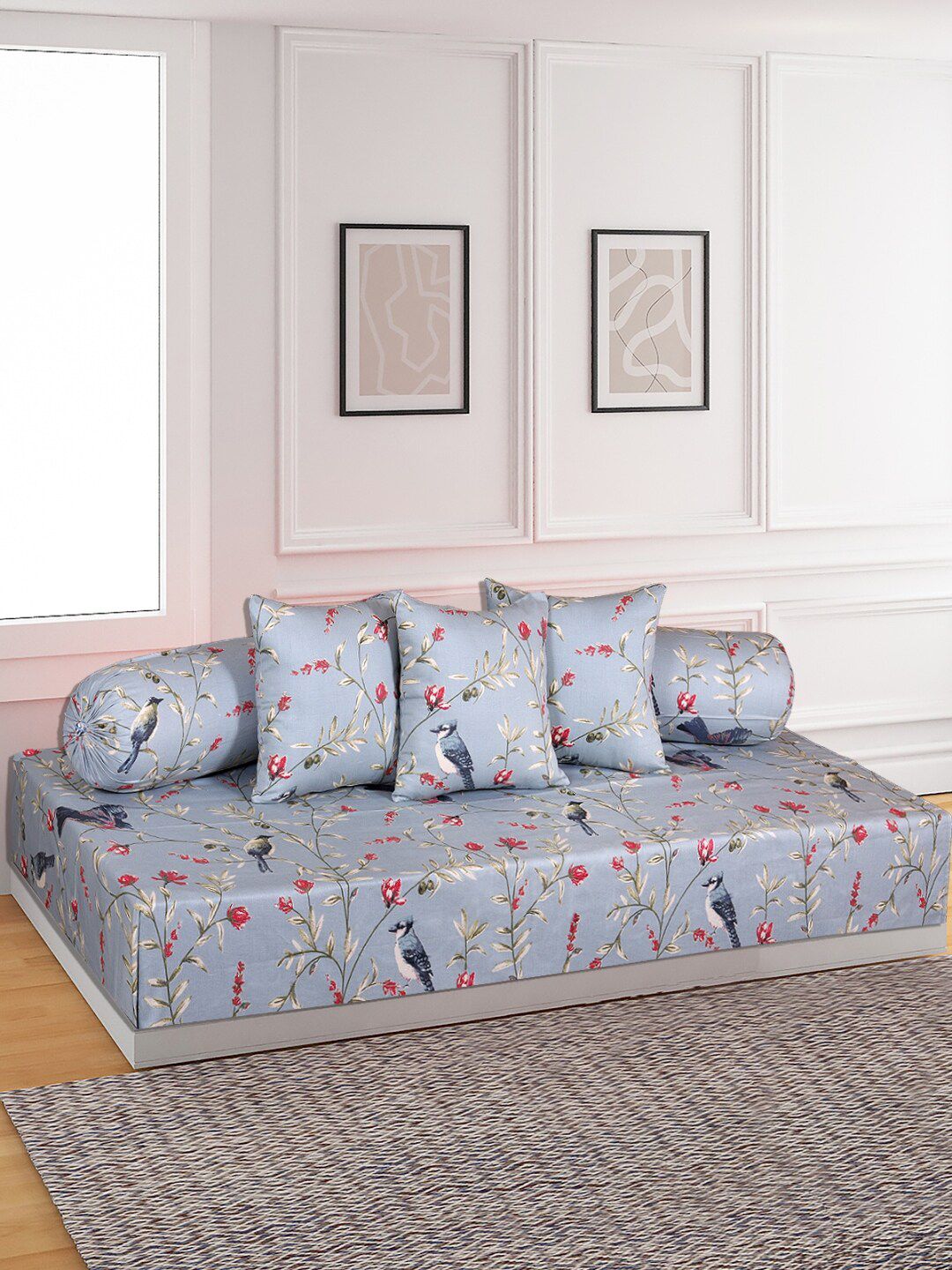 ROMEE Grey & Red 6-Pcs Floral Printed Cotton Diwan Set-image-4
