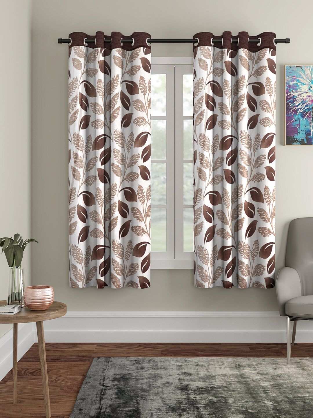Cortina Beige & Brown 2 Pcs Floral Window Curtains-picture-16