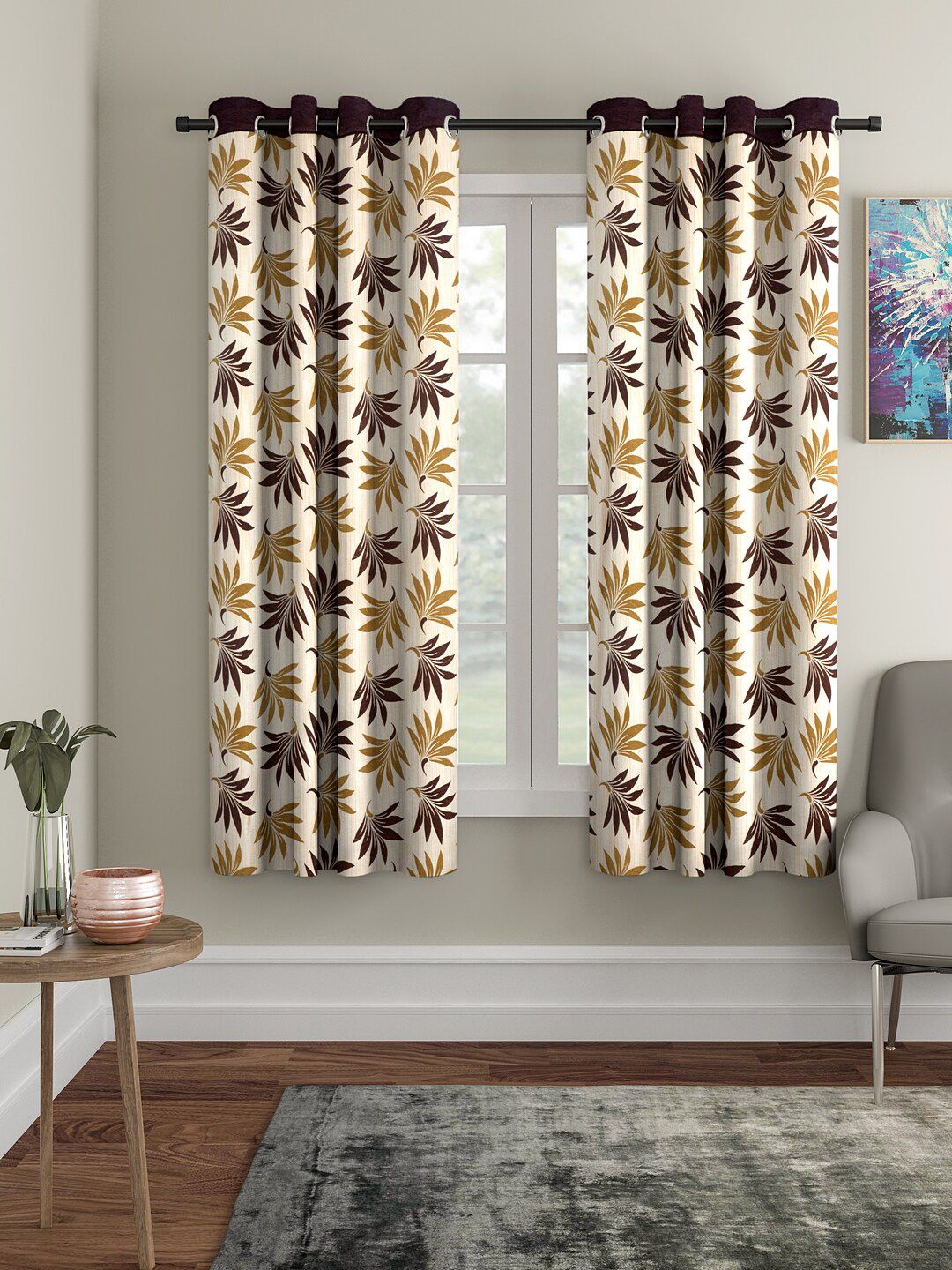 Cortina Brown & Mustard 2 Pcs Floral Window Curtains-picture-15