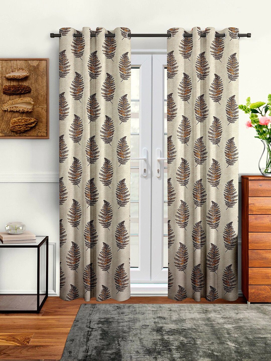 Cortina Beige & Brown 2 Pcs Floral Printed Door Curtains-image-26