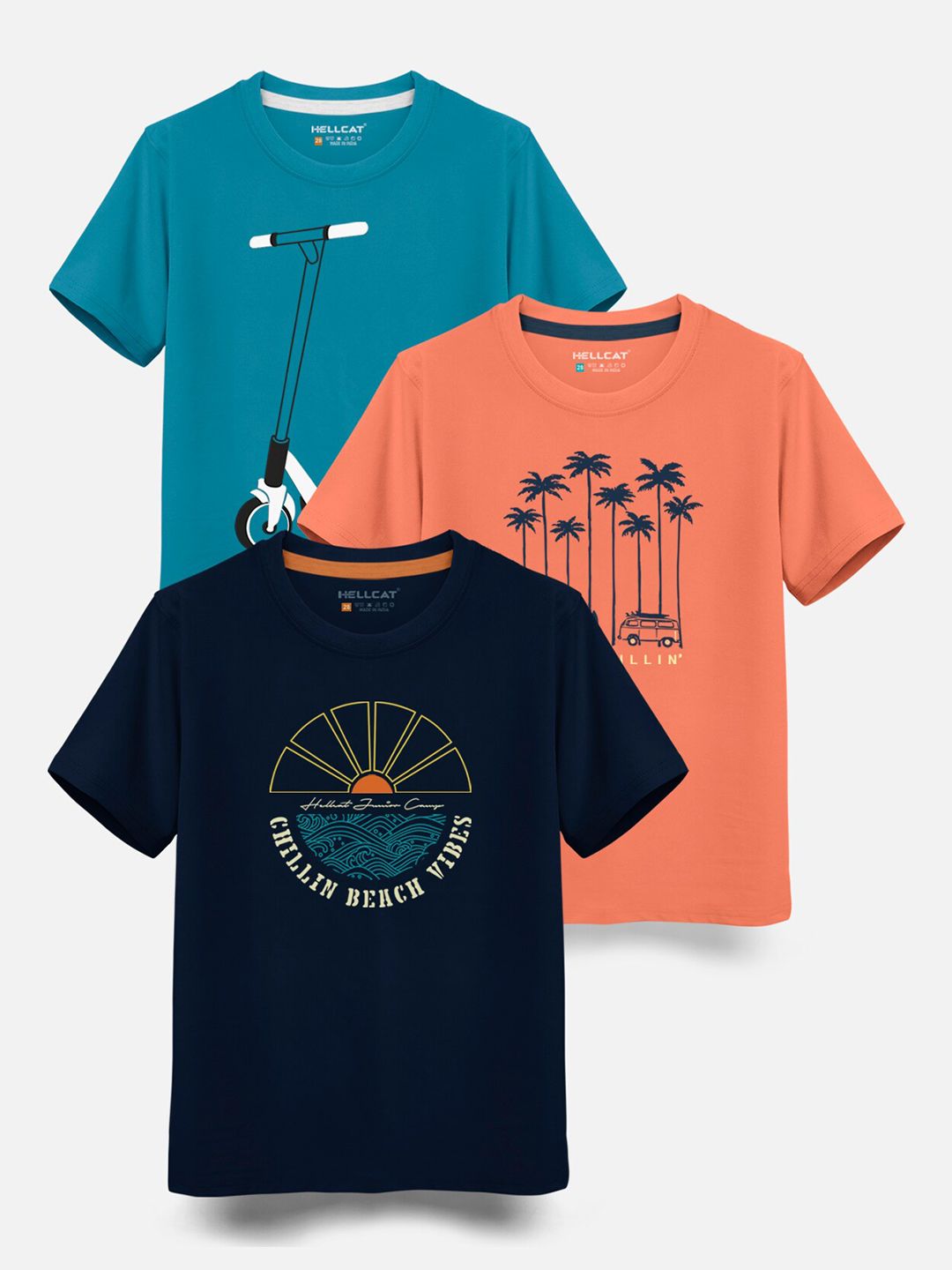 HELLCAT Boys Pack Of 3 Graphic Printed Cotton T-shirt-picture-39