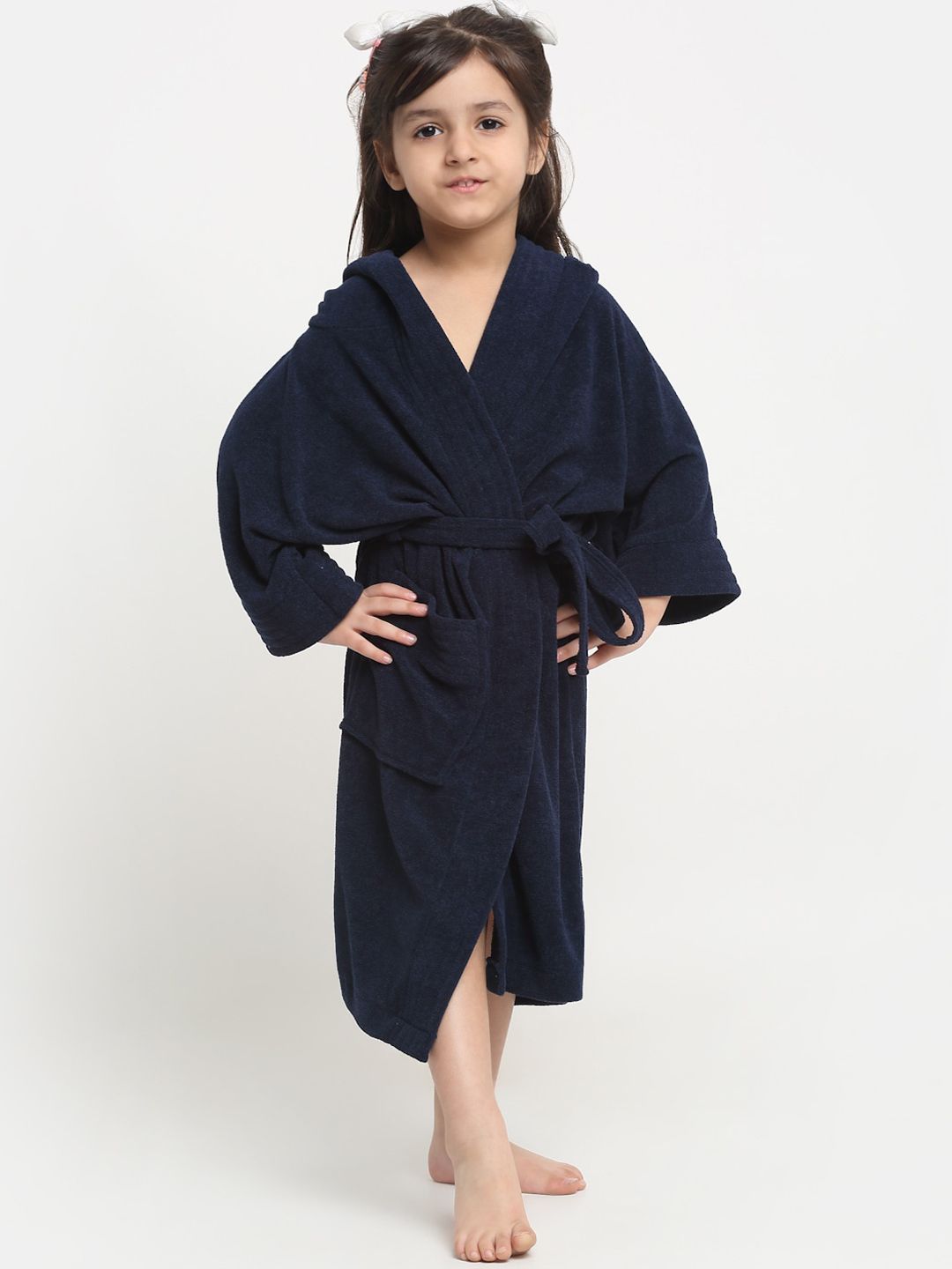 Creeva Melodious Kids Navy Blue Front Pocket Bath Robe-picture-11