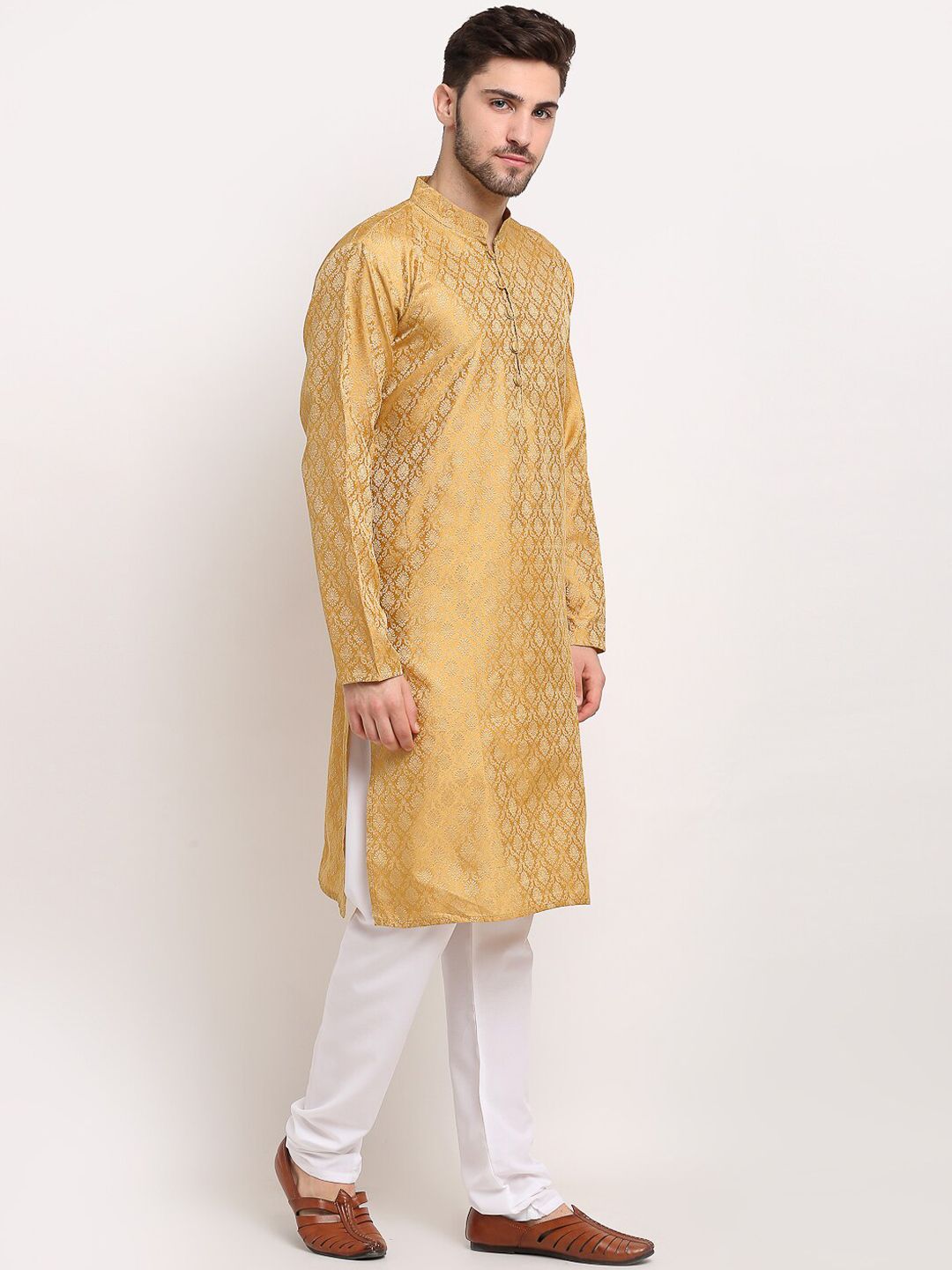 Men Woven Design Jacquard Solid Straight Long Kurta