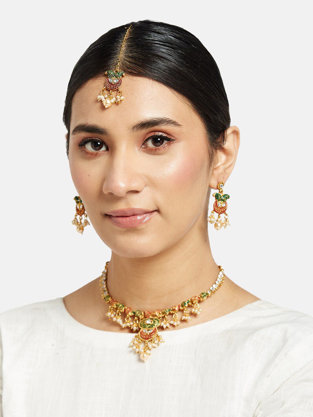 ATIBELLE Gold-Plated Crystals-Studded & Beaded Jewellery Set