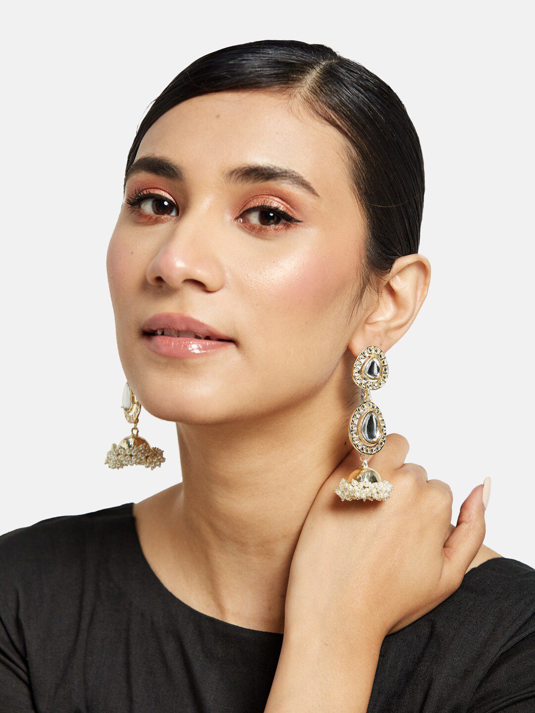 ATIBELLE Gold-Plated Kundan Contemporary Jhumkas Earrings