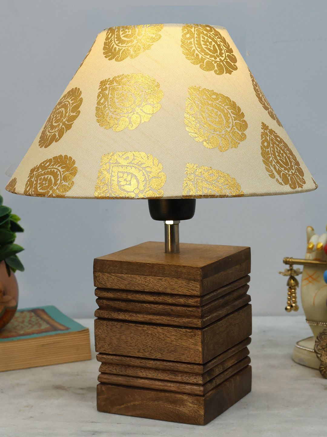 Homesake Gold-Toned & Brown Printed Wooden Table Lamp-picture-43