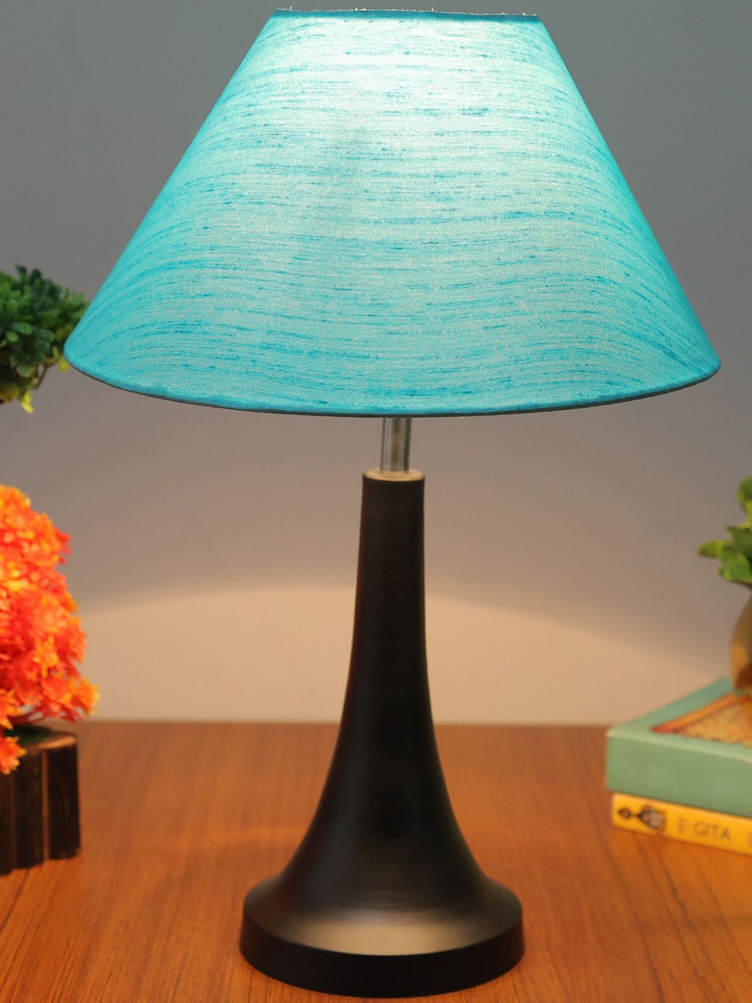 Homesake Turquoise Blue & Black Textured Metal Table Lamp With Shade-image-25