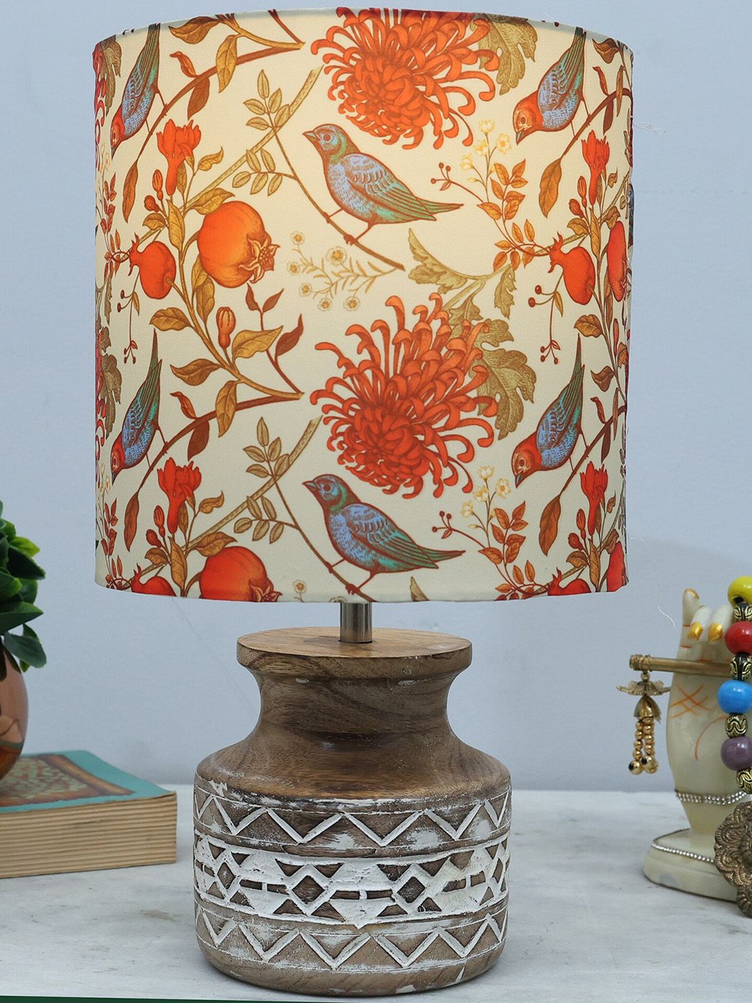 Homesake Orange-Coloured & Brown Printed Fabric Shade With Wooden Base Table Lamp-image-11