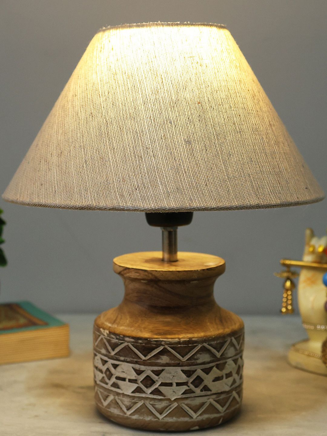 Homesake Beige & Brown Textured Jute Shade With Wooden Base Table Lamp-image-8