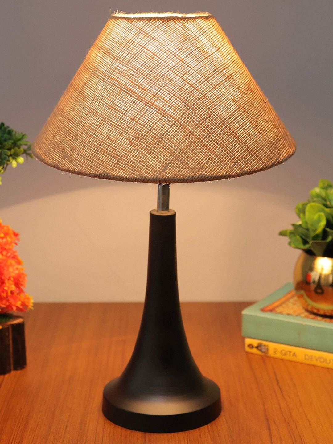 Homesake Brown & Black Matte Finish Table Lamp With Textured Jute Lampshade-image-2