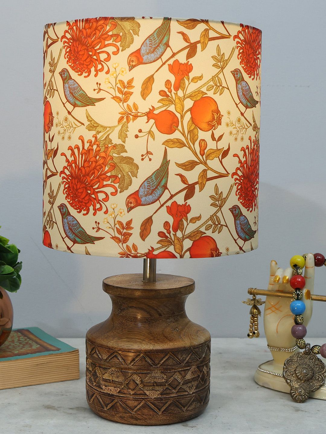 Homesake Orange-Coloured & Brown Printed Fabric Shade With Wooden Base Table Lamp-image-10