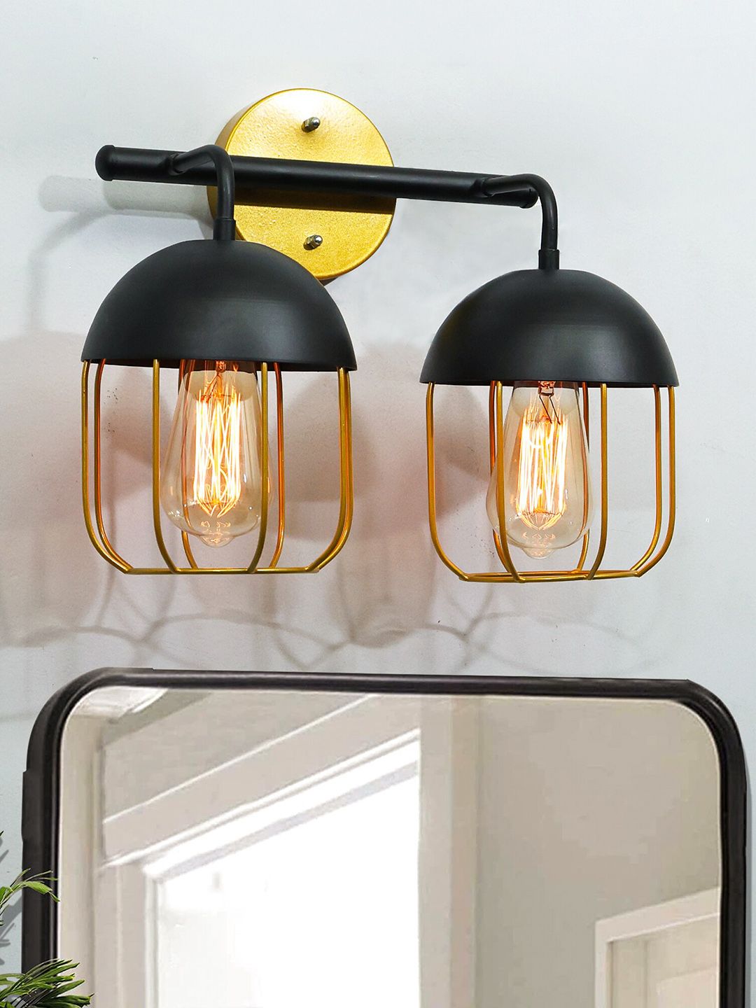 Homesake Gold-Toned & Black Dual Cage Textured Metal Bathroom Wall Lamp-image-1