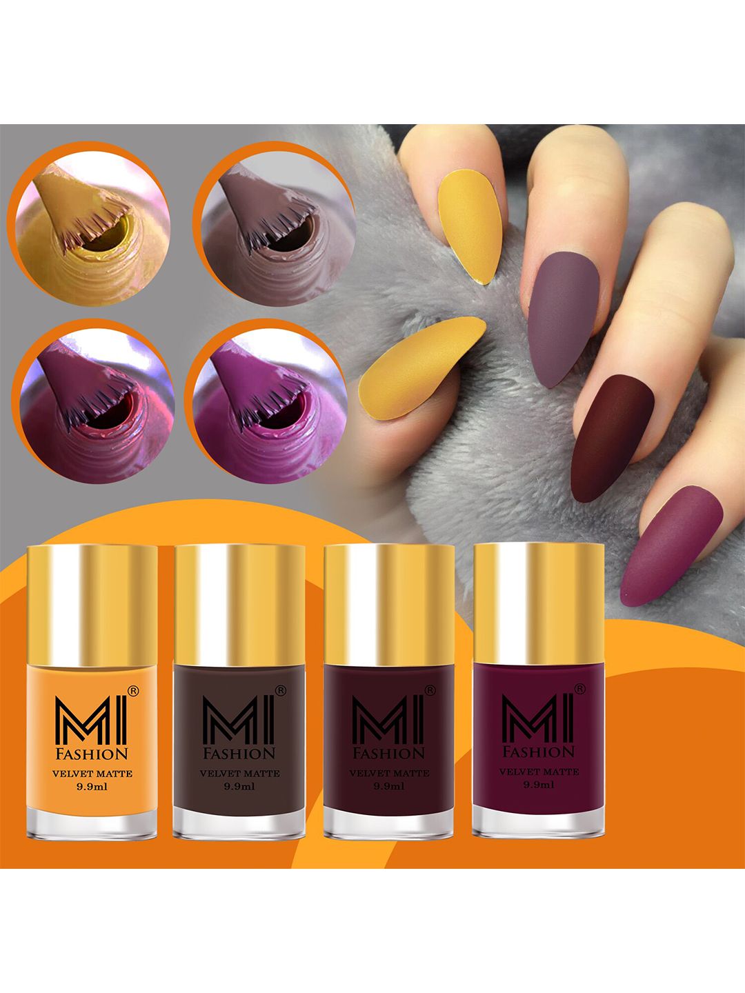 MI FASHION Set of 4 Velvet Matte Nail Polish 9.9 ml Each - Orange 01 - Coffee 02 - Wine 03 - Magenta 14-picture-14