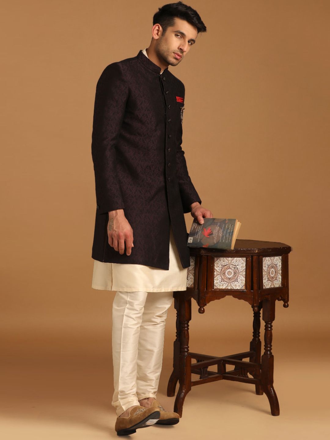 Manyavar Woven Design Straight Traditional Indo Western Sherwani Set-picture-21
