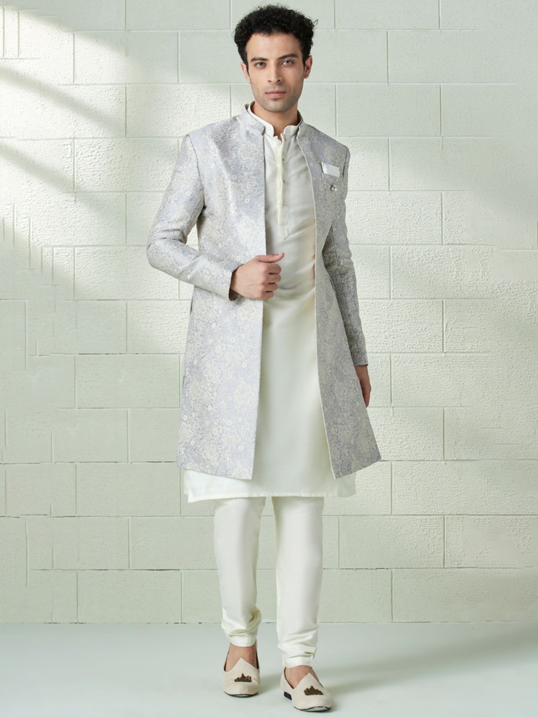 Manyavar Woven Design Straight Brocade Sherwani Set-image-18