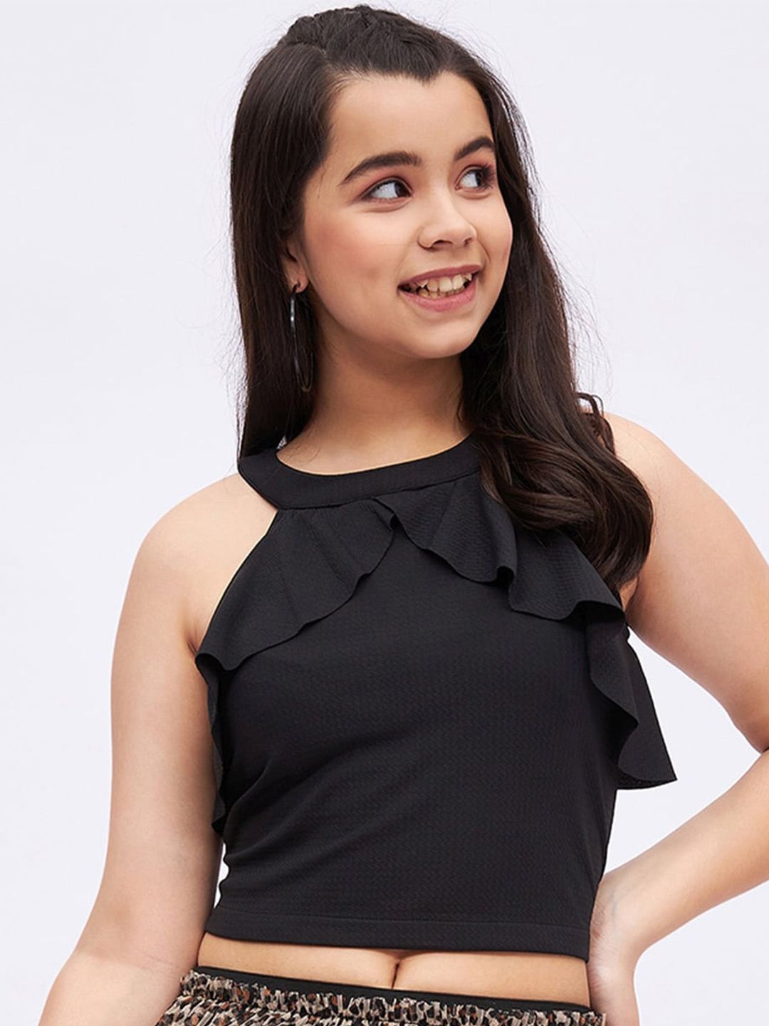 luyk Ruffles Halter Neck Sleeveless Fitted Crop Top-picture-33