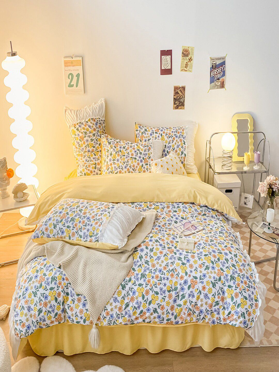 JC HOME 4-Pcs Yellow & White Floral Printed Double Queen Bedding Set-picture-27