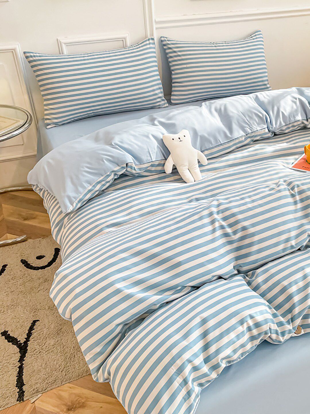 JC HOME Blue & White Striped Double King Bedding Set