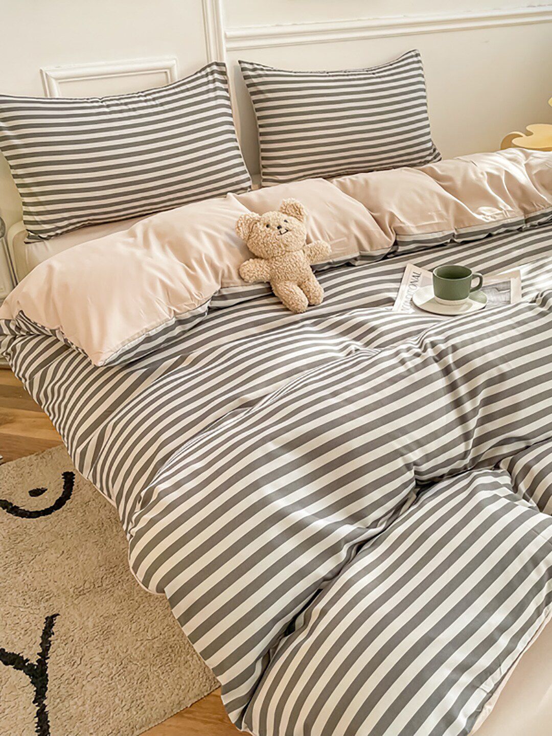 JC HOME Grey & Peach Colored Striped Single Bedding Set-image-3