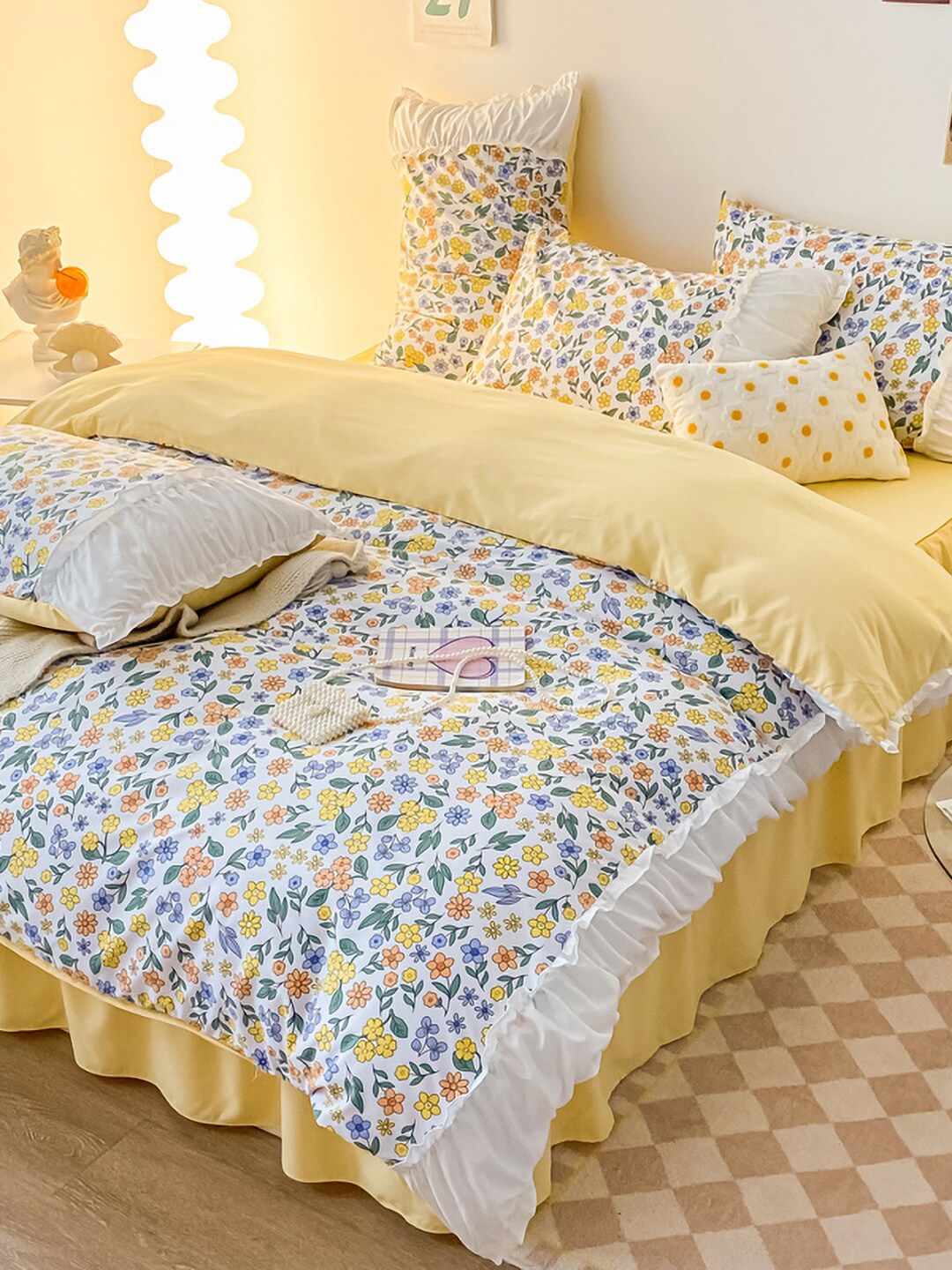 JC HOME yellow & White Floral Printed Double King Bedding Set-picture-18