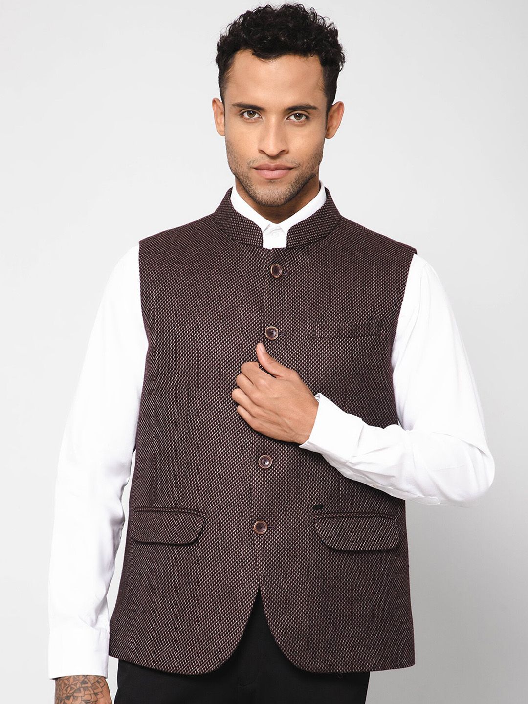 Cantabil Solid Woven Nehru Jacket-image-11