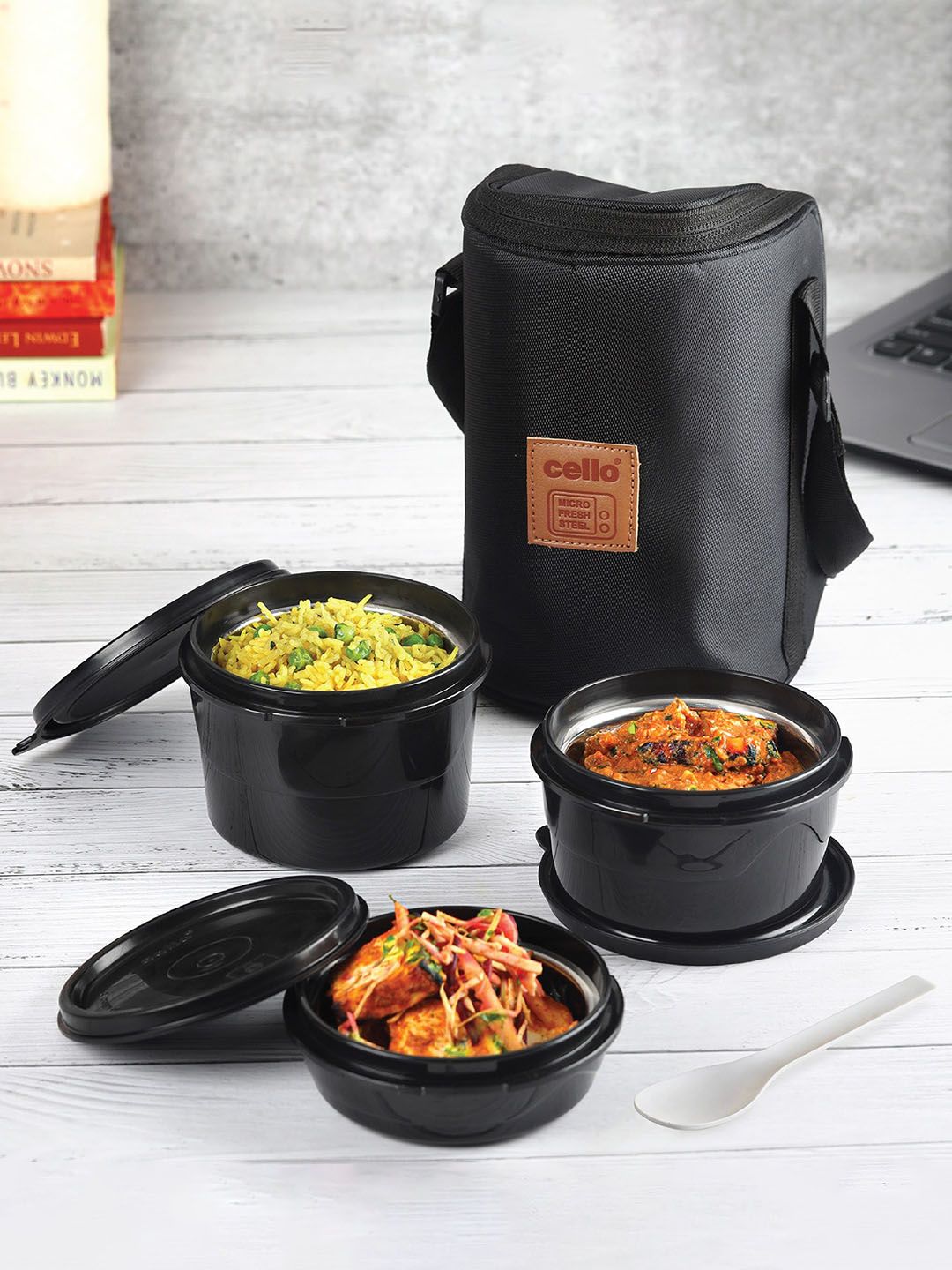 Cello MF All in one 3Pcs Black Insulated Stainless steel Lunch Box with Jacket-picture-49