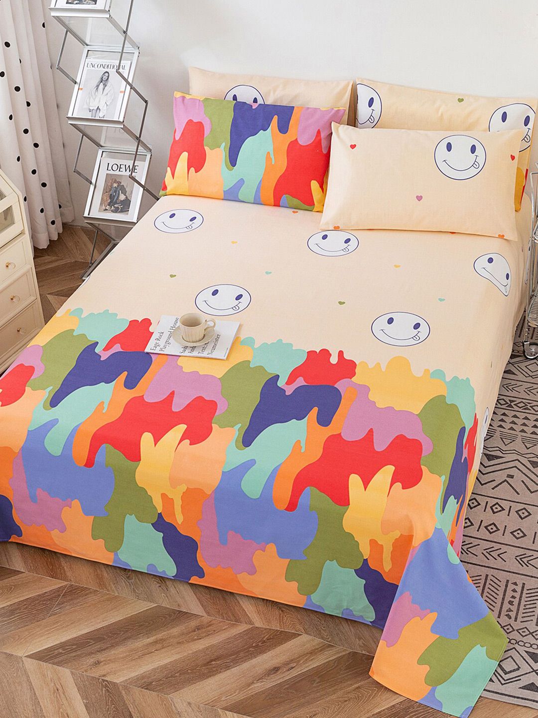 JC HOME Peach & Blue Printed 220 TC Pure Cotton King Bedsheet With 2 Pillow Covers-picture-35