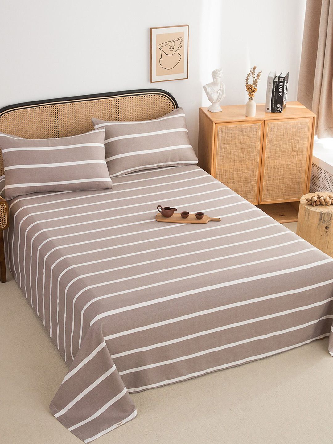 JC HOME Coffee Brown Striped 220 TC Cotton King Bedsheet & Pillow Covers-picture-29