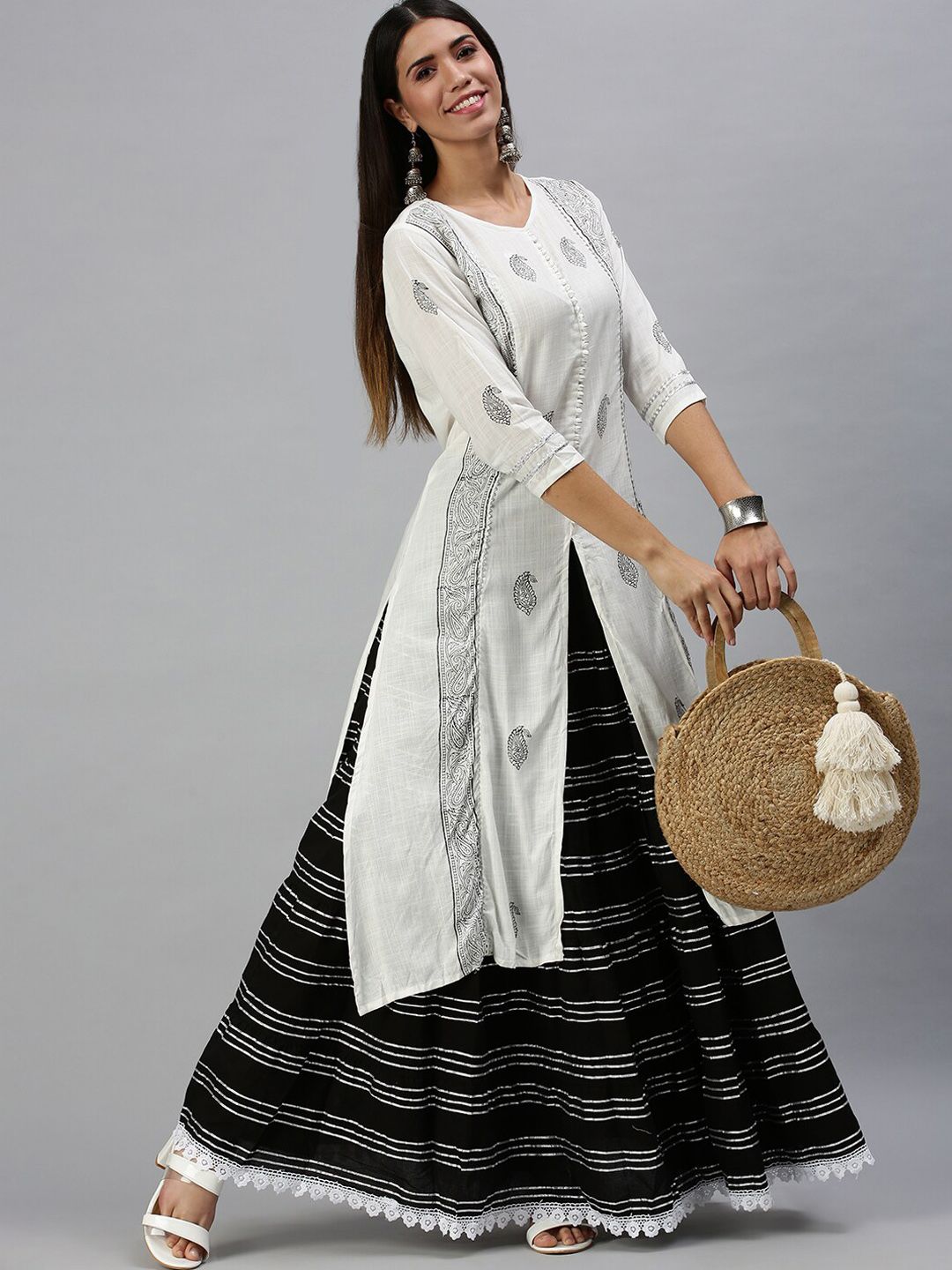 SHOWOFFFF Paisley Printed Gotta Patti Block Print Kurta with Skirt-image-1