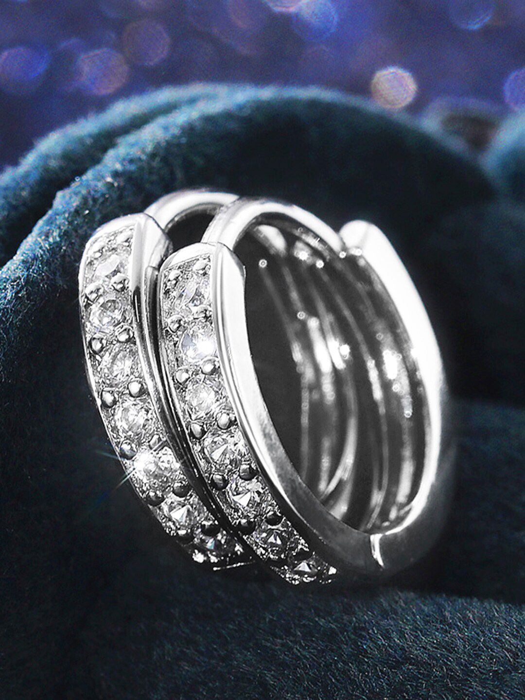 Peora Silver-Plated American Diamond Studded Contemporary Hoop Earrings-image-19