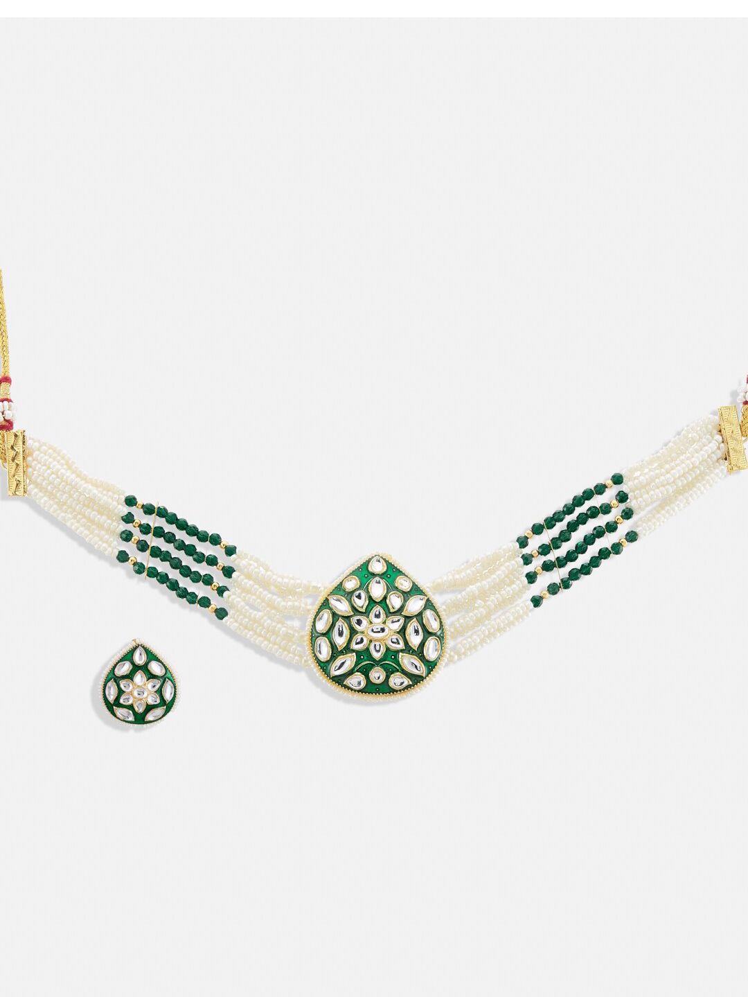 ATIBELLE Gold-Plated Kundan Studded & Beaded Enamelled Choker Necklace and Earrings