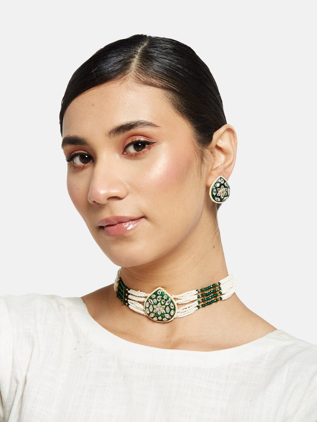 ATIBELLE Gold-Plated Kundan Studded & Beaded Enamelled Choker Necklace and Earrings