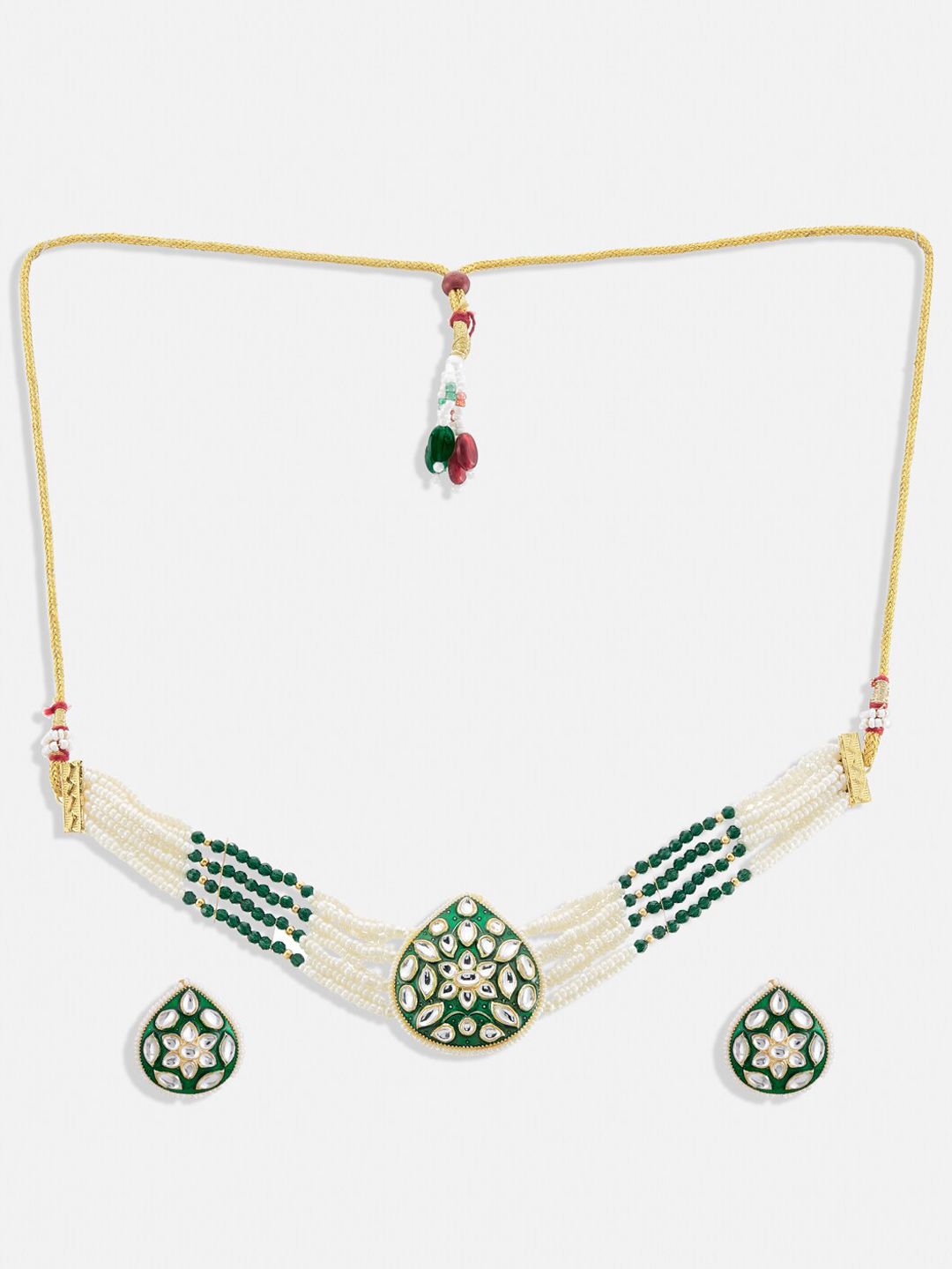 ATIBELLE Gold-Plated Kundan Studded & Beaded Enamelled Choker Necklace and Earrings