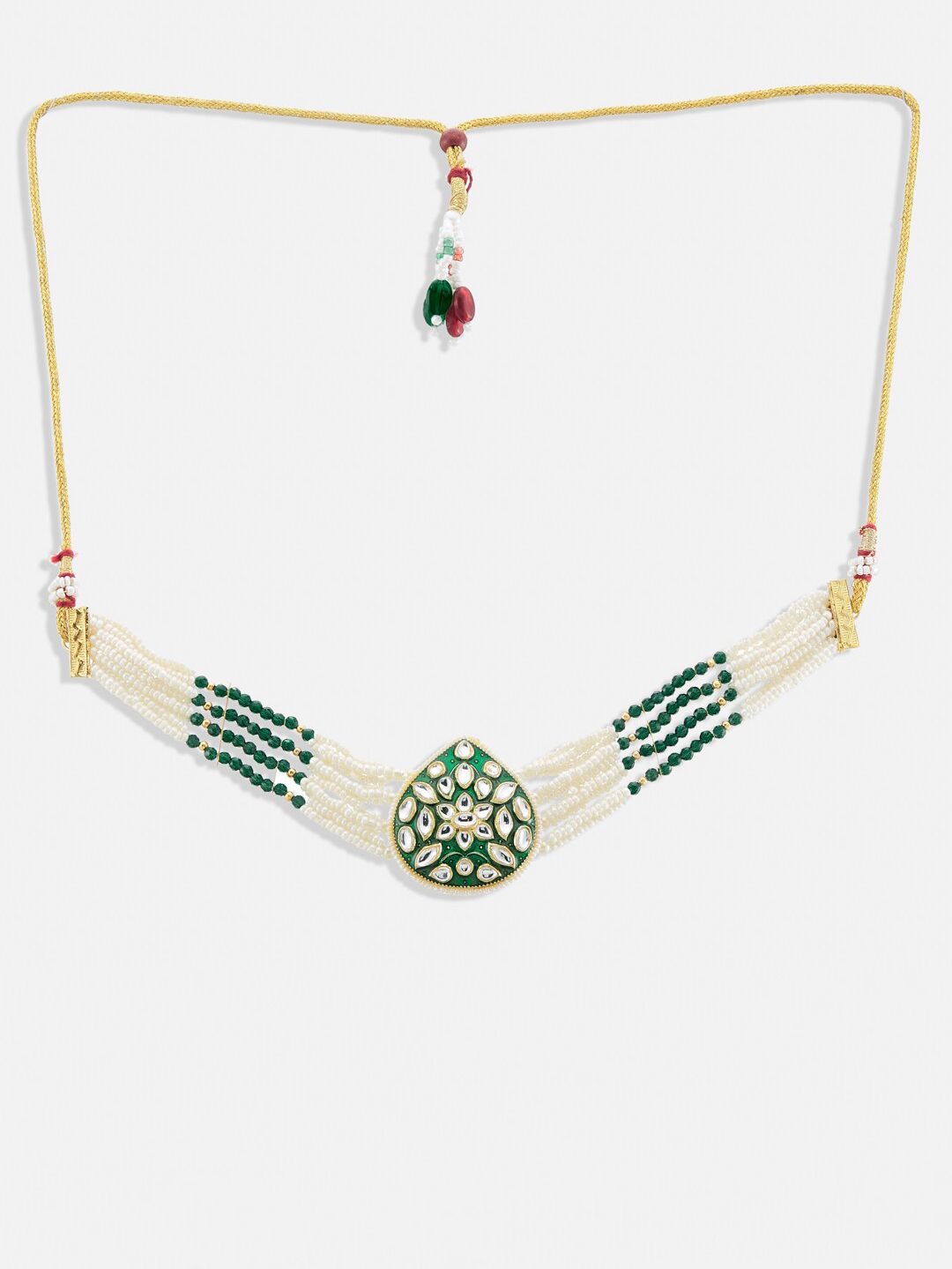 ATIBELLE Gold-Plated Kundan Studded & Beaded Enamelled Choker Necklace and Earrings